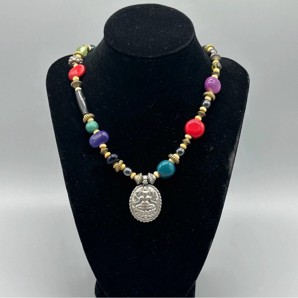 Sterling Silver 925 Glass Bead Handmade Ganesha Pendant Necklace Jewelry 20"